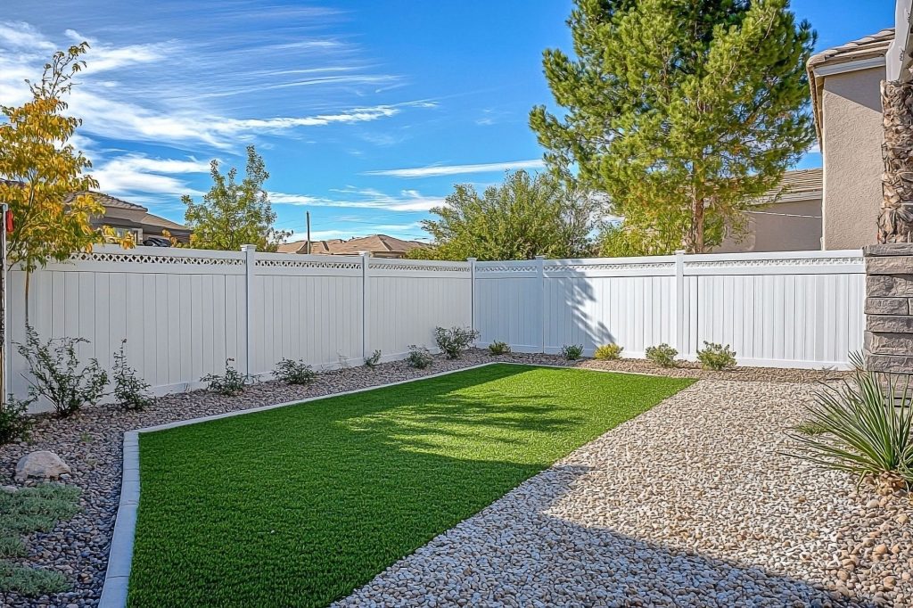 Tall solid white vinyl privacy fence enclosing a lush backyard garden featuring blooming red roses, stone edging, and a manicured green lawn.
