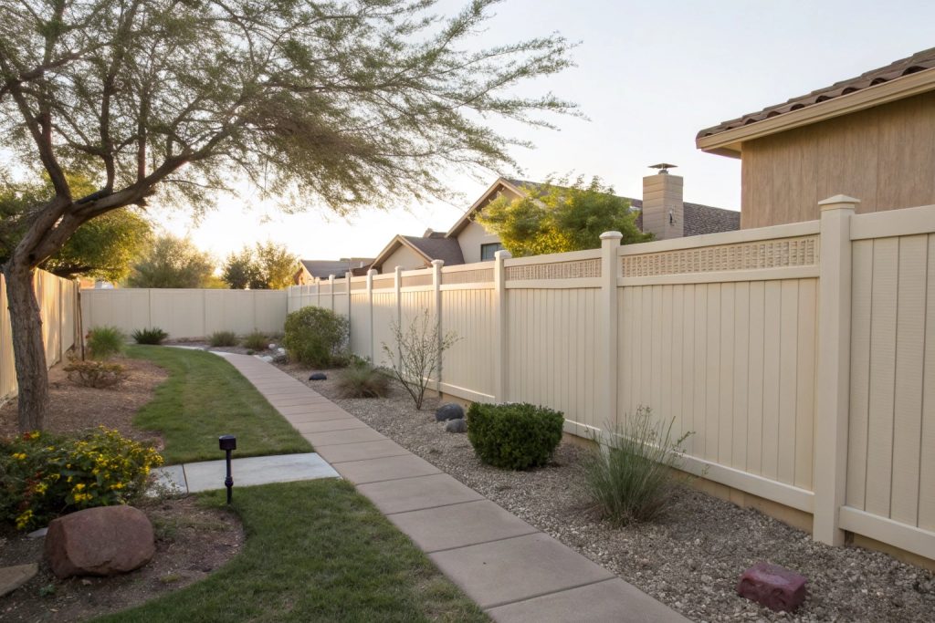 Classic white vinyl picket fence with a scalloped top design and decorative post caps, bordering a blooming flower bed in a residential front yard.
