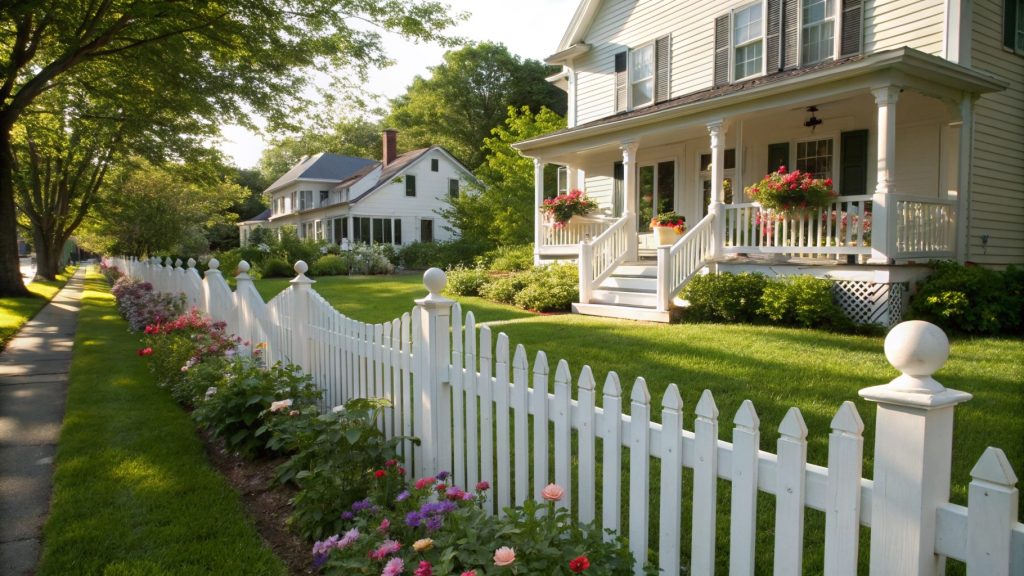 A classic white picket fence, bordered by vibrant flowers, separates the manicured green lawn from the sidewalk.