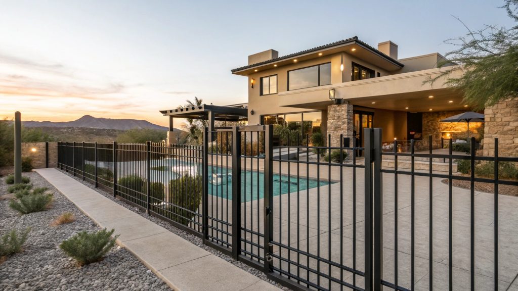 Sleek black metal railing fence with a flat top rail and square posts lining a concrete sidewalk near a building.
