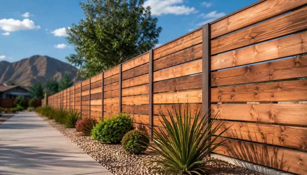 Modern cedar privacy fence with horizontal wood panels and landscaped walkway under a blue sky