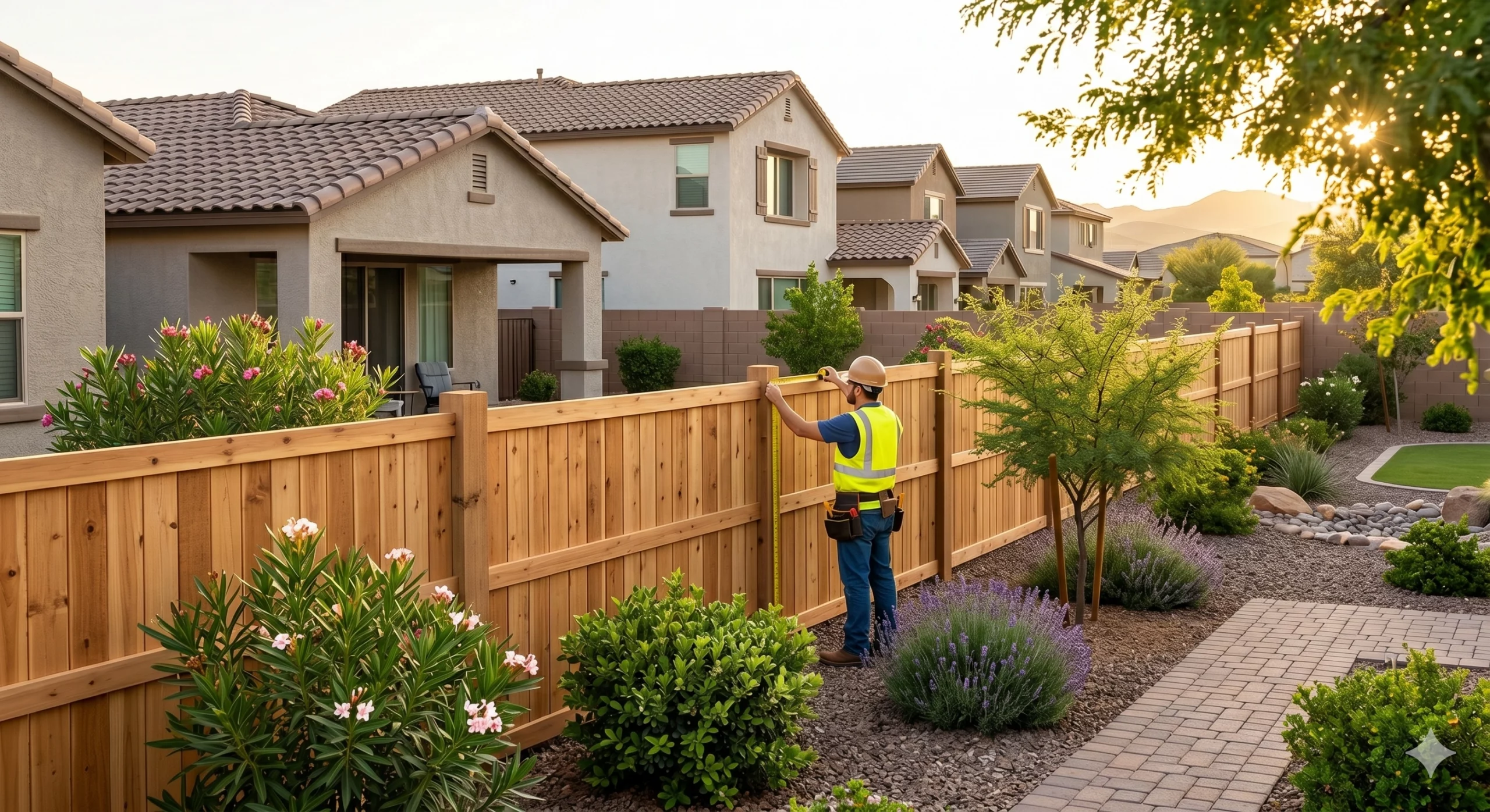 Worker measures a wooden privacy fence to help estimate the typical fence installation cost phoenix for a suburban home.