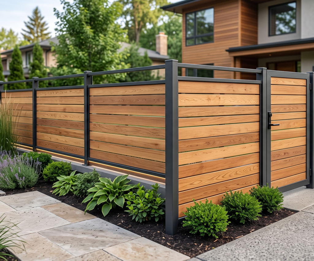 Modern horizontal wood slat fence with a black metal frame and matching entryway gate next to a garden bed