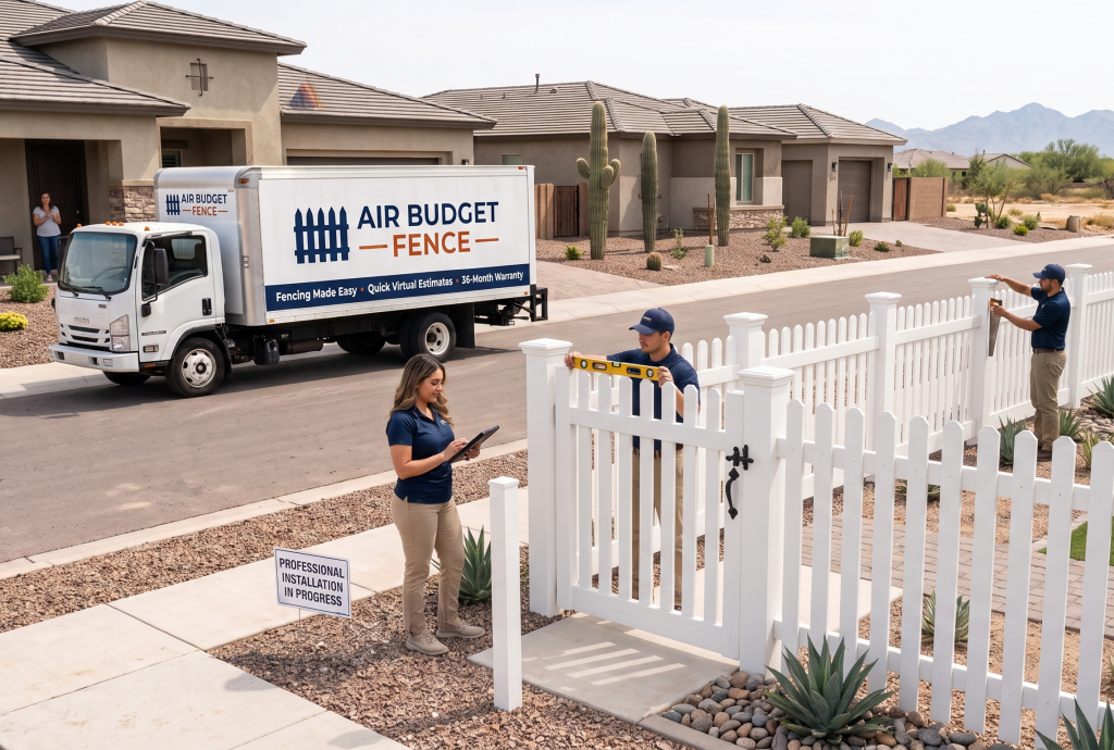 Uniformed installation crew setting up a white vinyl picket fence outside a suburban house with a branded Air Budget Fence truck parked nearby