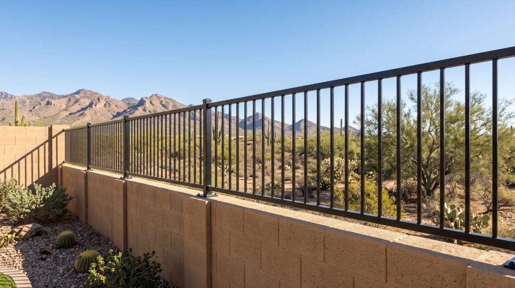 Black flat top view fence mounted on a block wall overlooking the desert in Phoenix, Arizona