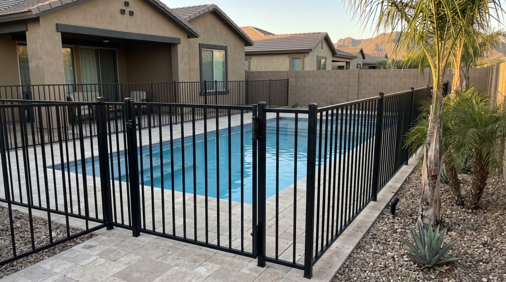 Black metal pool fence with self-closing gate around a backyard pool in Phoenix, Arizona