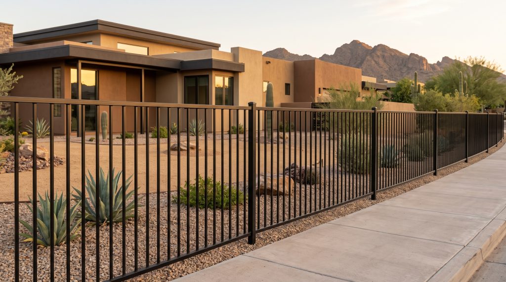 Black flat top steel fence in front of a modern desert home in Phoenix, Arizona