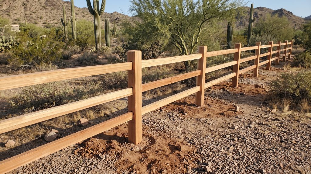 Wooden 3-rail split rail fence along a desert property line in Phoenix, Arizona with saguaro cactus