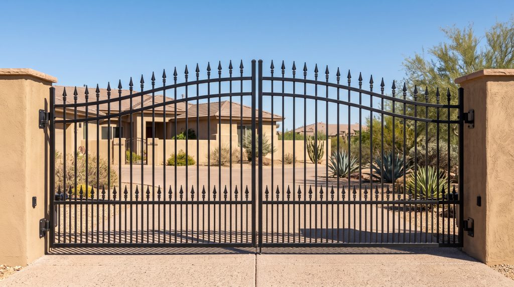 Black spear top steel double driveway gate between stucco pillars at an Arizona home