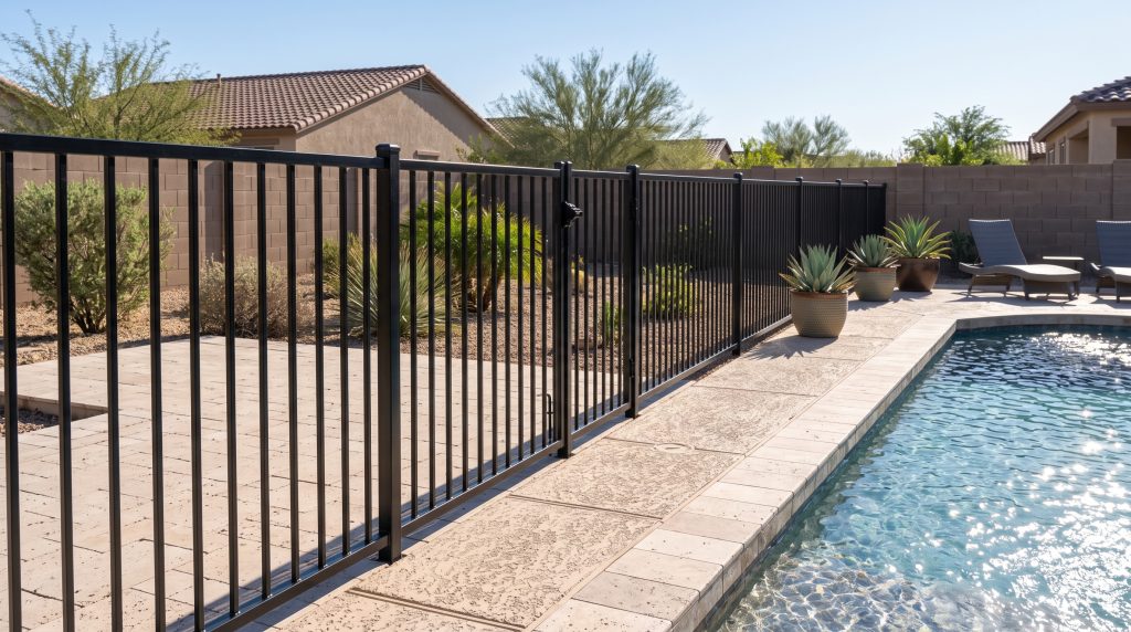 Black flat top metal pool fence beside a backyard pool in Arizona